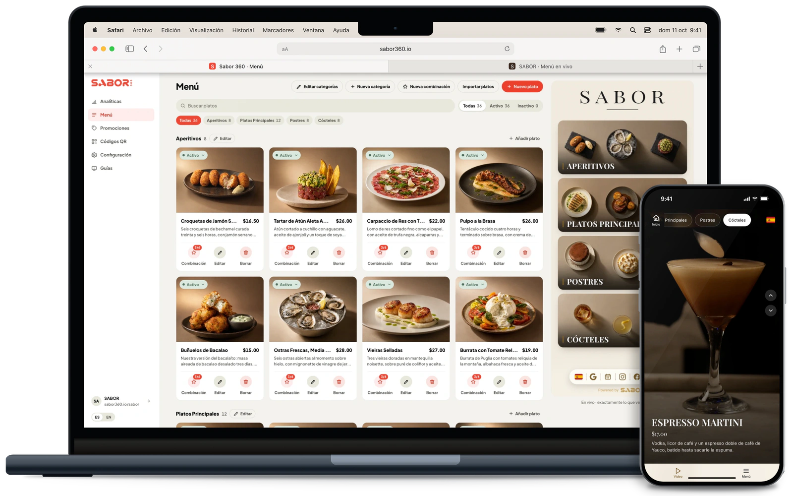 Panel de Sabor 360 en una MacBook y el menú en vivo con el Espresso Martini en un iPhone