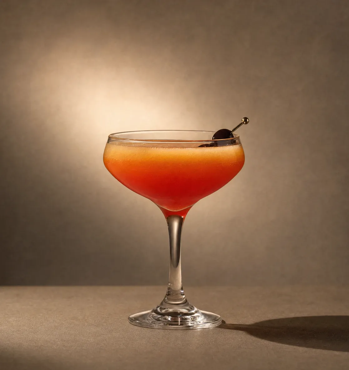 Cóctel naranja en copa coupé con cereza sobre fondo beige