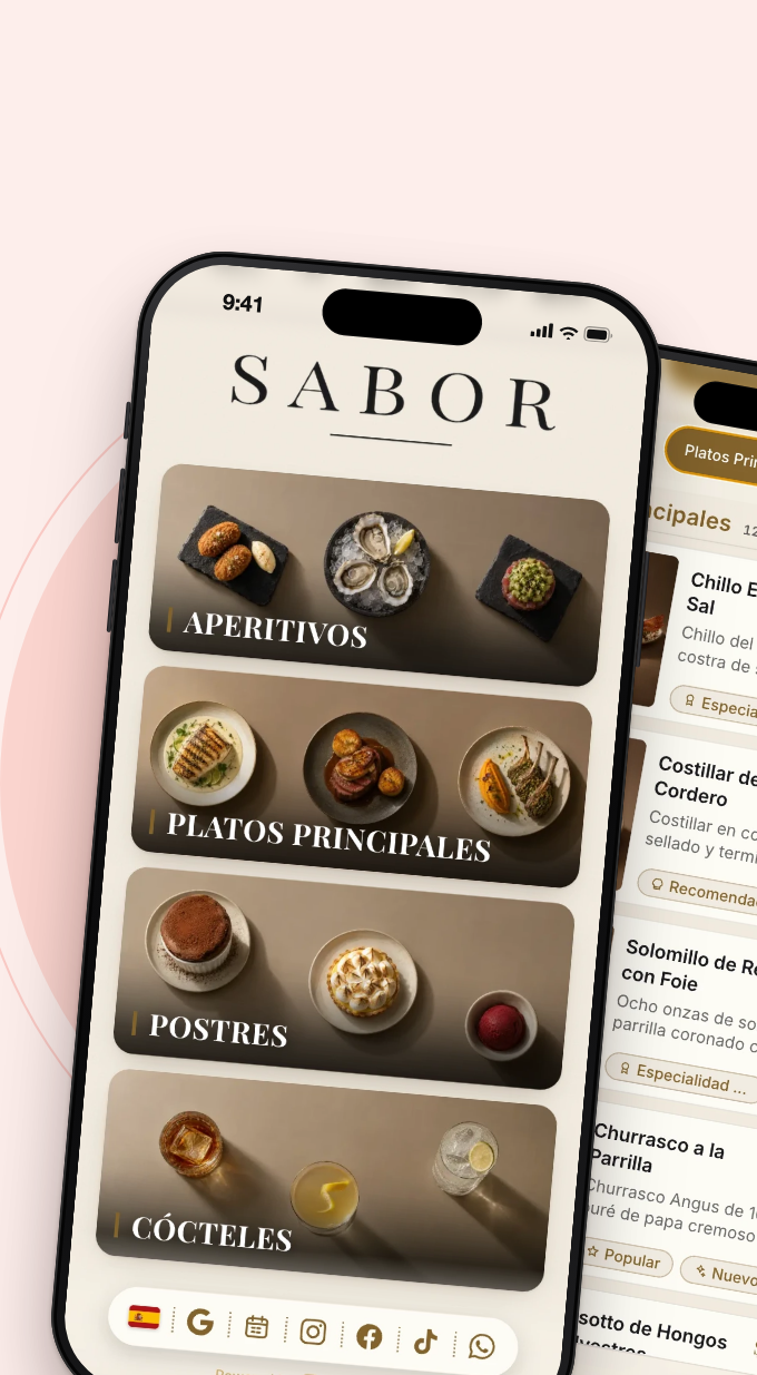 Dos teléfonos con el menú Sabor 360: categorías con fotos (Aperitivos, Platos Principales, Postres, Cócteles) y la lista de platos principales