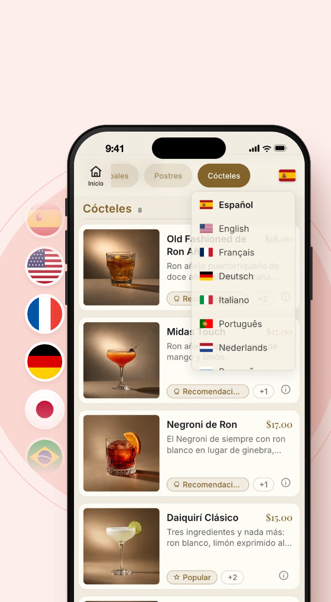Teléfono con el menú Sabor 360 y el selector de idiomas abierto: español, inglés, francés, alemán, italiano, portugués y neerlandés