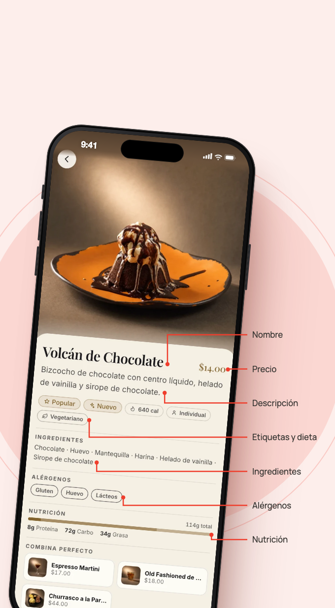 Teléfono con el detalle del Volcán de Chocolate, con líneas que señalan cada parte: nombre, precio, descripción, etiquetas y dieta, ingredientes, alérgenos y nutrición