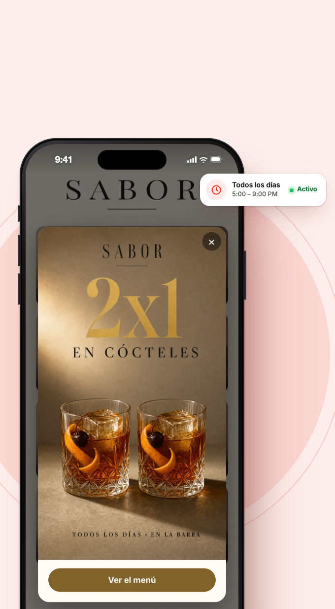 Teléfono con el menú Sabor 360 mostrando a pantalla completa la promoción 2x1 en cócteles, con su horario: todos los días de 5:00 a 9:00 PM, activo