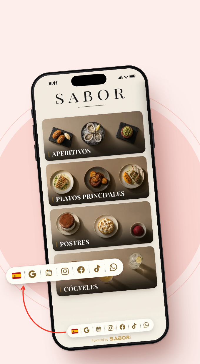 Teléfono con el menú Sabor 360 y su barra de enlaces ampliada: idioma, Google, reservas, Instagram, Facebook, TikTok y WhatsApp