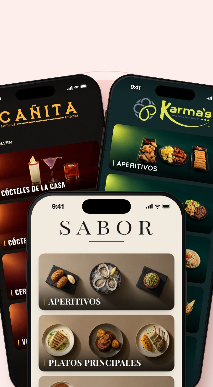 Tres teléfonos con menús Sabor 360 de marcas distintas: Sabor al frente, Cañita a la izquierda y Karma's a la derecha